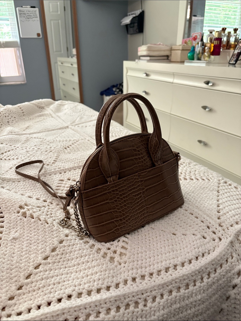 Brown Croc-Embossed Dome Satchel Handbag - Women